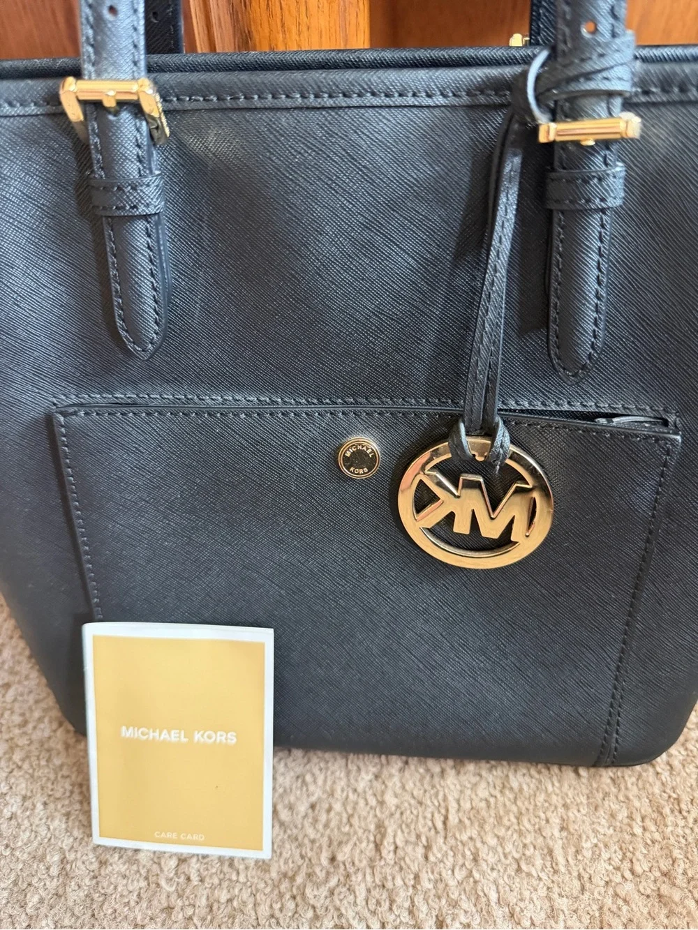 Michael Kors Black Saffiano Leather Tote with Gold MK Charm